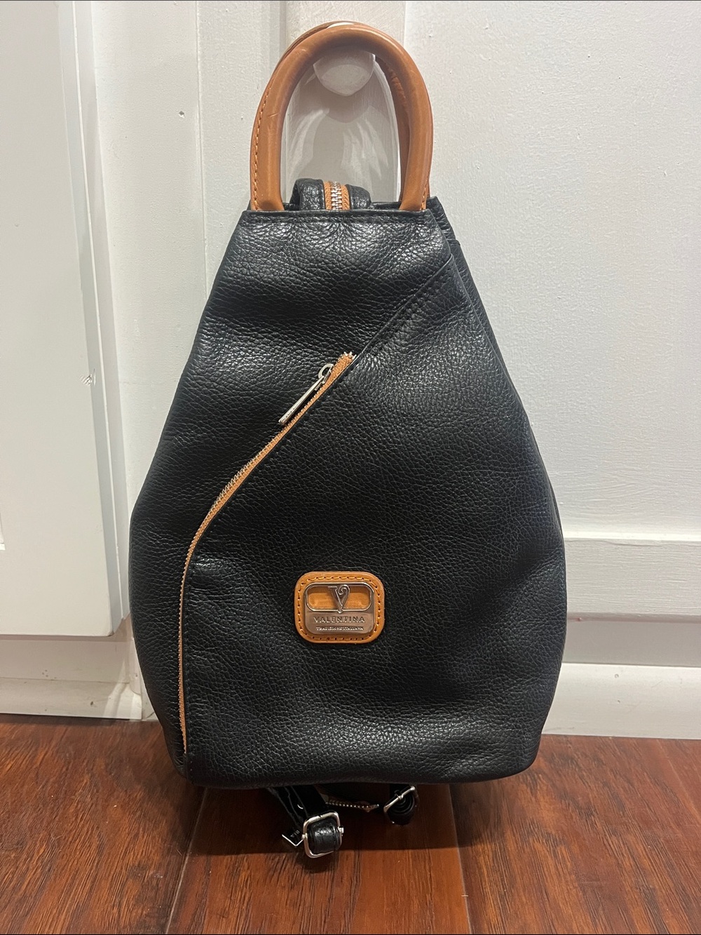 Valentina Pebble Leather Black Crossbody Sling/ Backpack with Tan Accents
